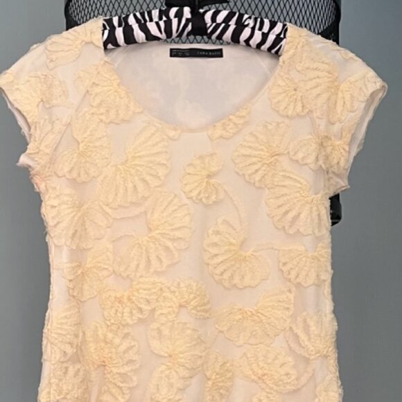 Zara Basics Light Yellow Floral Ribbon Short Sleeve Scoop Neck Top - Picture 1 of 7